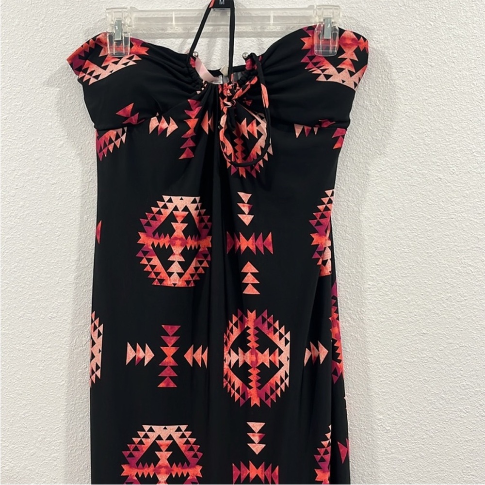 EUC L vacation dress black with red and pink Aztec pattern halter top body con